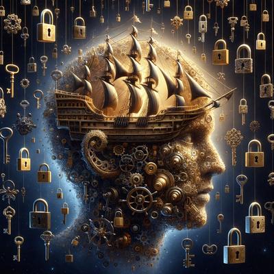 The primary subject of the image is a head with a crown of keys. The setting is a night sky, and the visual style is a digital art or illustration. The colors are predominantly gold and black, creating a warm and dramatic atmosphere.